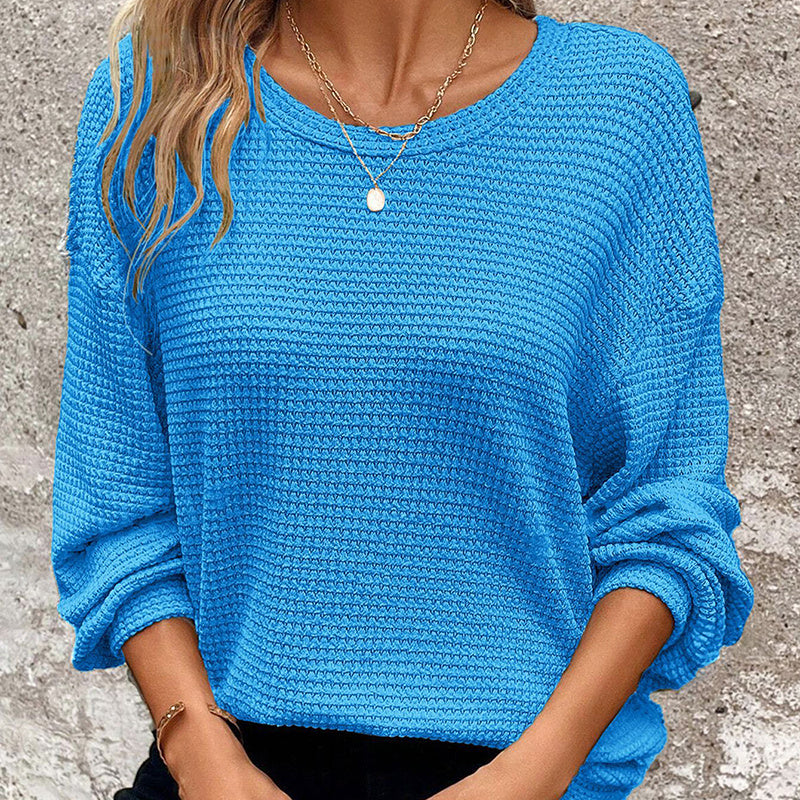 Plus Size Women's Waffle Knit Round Neck Drop Shoulder Long Sleeve Top - Casual Loungewear