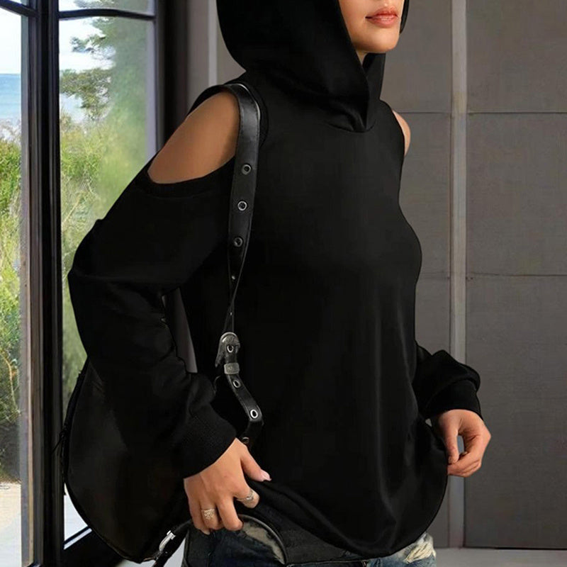 Women's Solid Color Long Sleeve Off-Shoulder Hoodie - Spring & Summer Fashion Casual Pullover Top