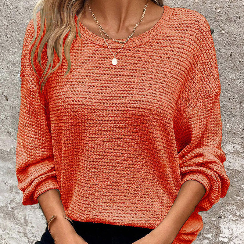Plus Size Women's Waffle Knit Round Neck Drop Shoulder Long Sleeve Top - Casual Loungewear