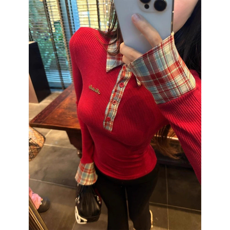 Polo Collar Long Sleeve Design Slim Fit Hot Girl Bottoming Shirt