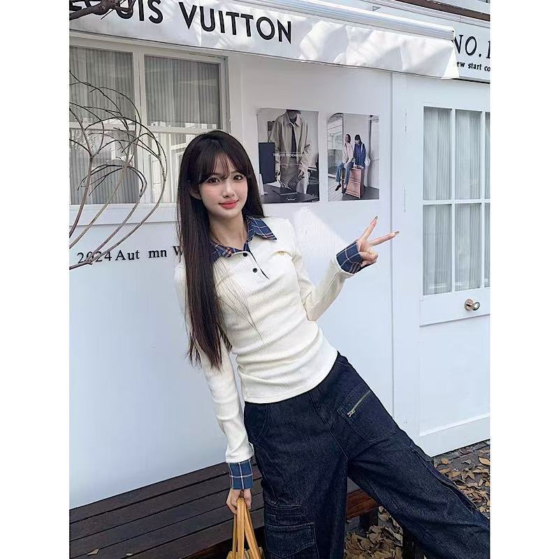 Polo Collar Long Sleeve Design Slim Fit Hot Girl Bottoming Shirt