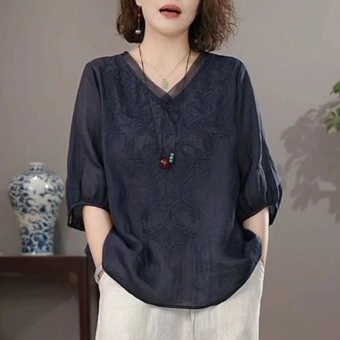 Summer Retro Style Loose Short Sleeve Shirt Ladies