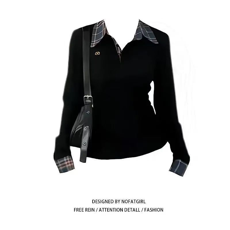 Polo Collar Long Sleeve Design Slim Fit Hot Girl Bottoming Shirt