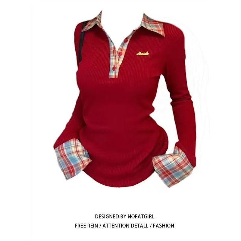 Polo Collar Long Sleeve Design Slim Fit Hot Girl Bottoming Shirt