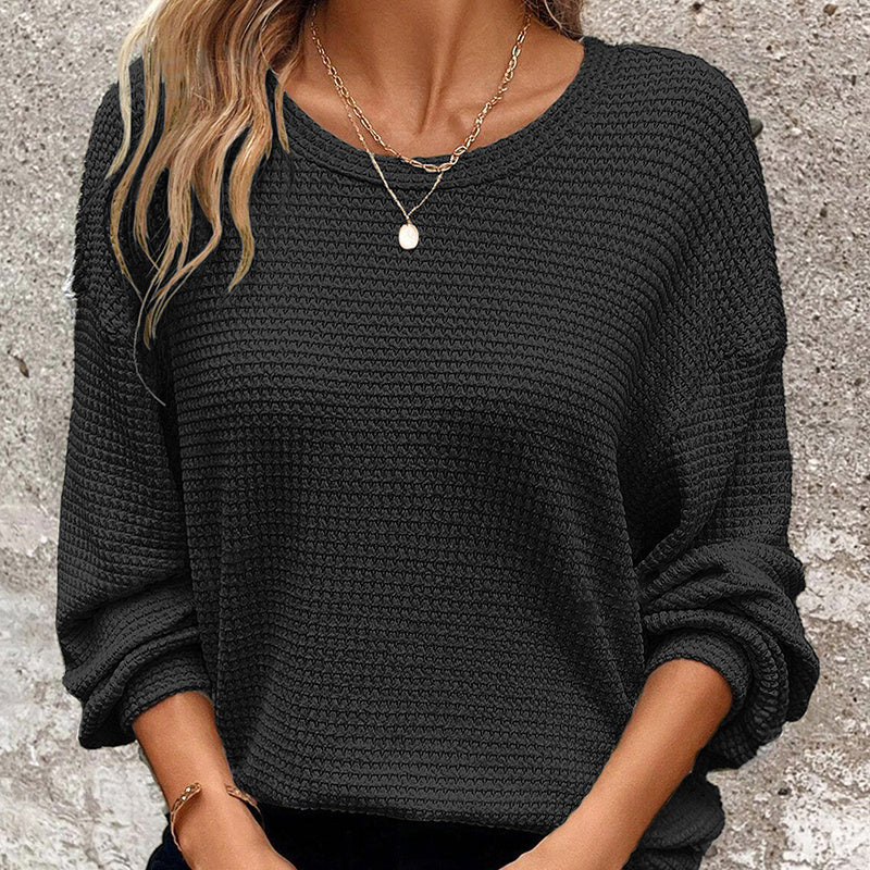 Plus Size Women's Waffle Knit Round Neck Drop Shoulder Long Sleeve Top - Casual Loungewear