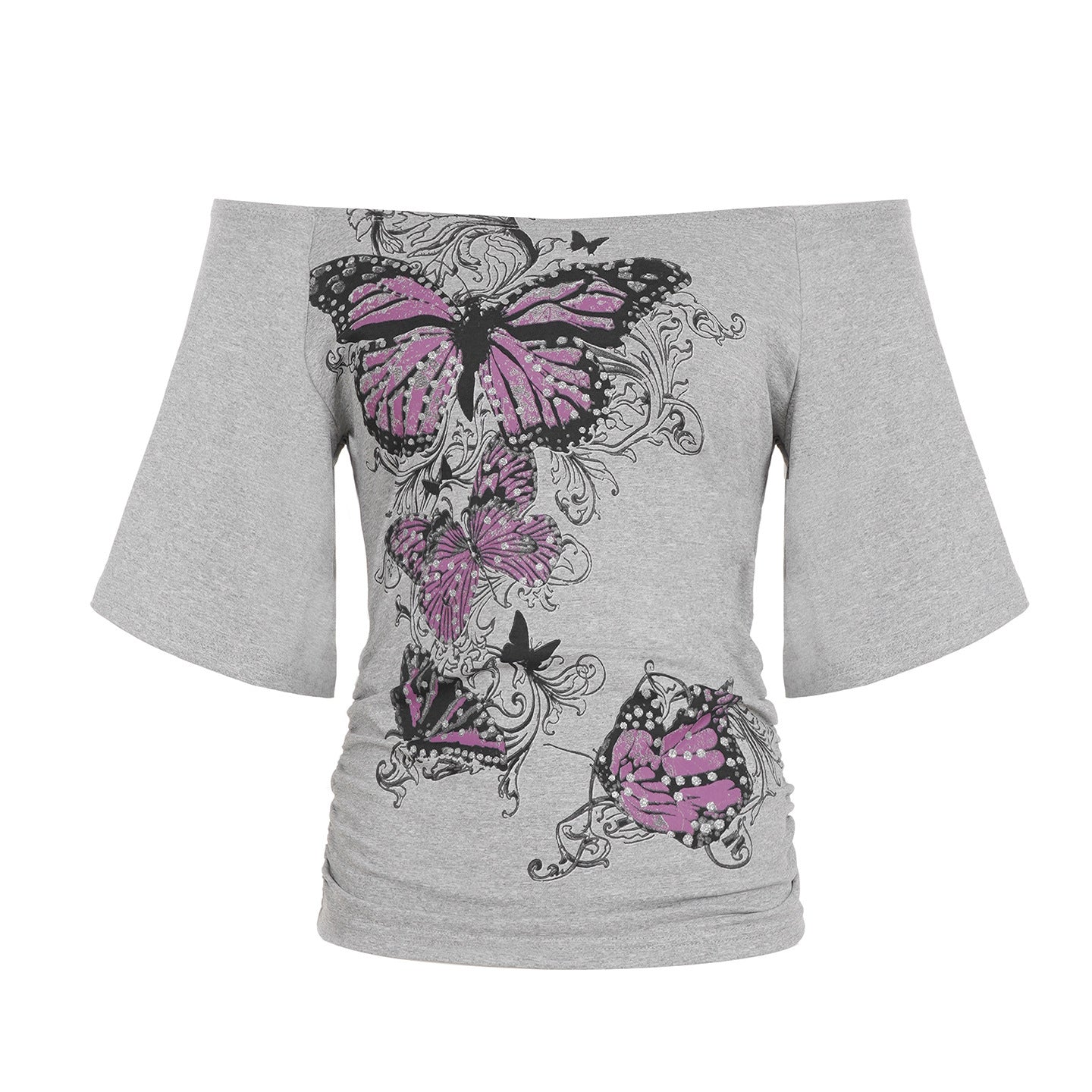 American Street Niche Design Retro Floral-print Off-shoulder Short Sleeve