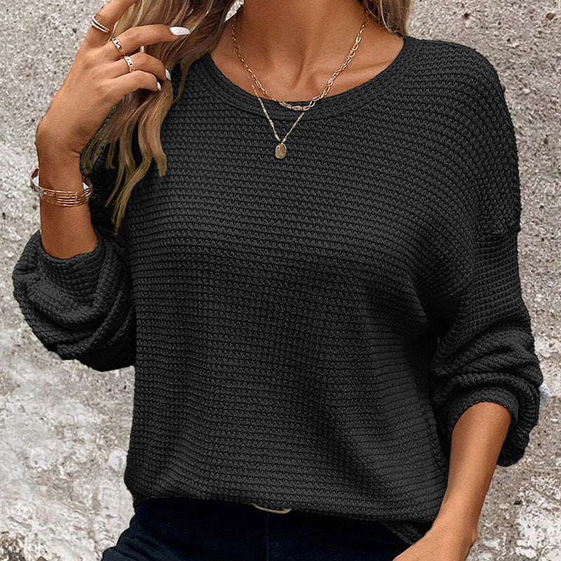 Plus Size Women's Waffle Knit Round Neck Drop Shoulder Long Sleeve Top - Casual Loungewear