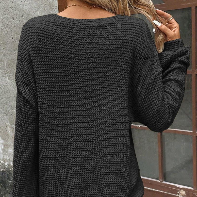 Plus Size Women's Waffle Knit Round Neck Drop Shoulder Long Sleeve Top - Casual Loungewear