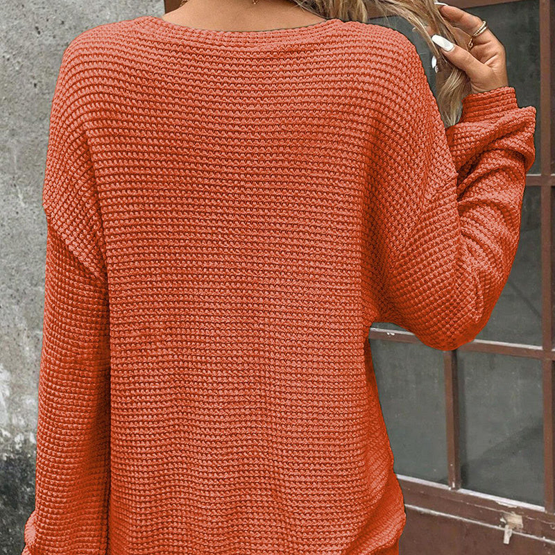 Plus Size Women's Waffle Knit Round Neck Drop Shoulder Long Sleeve Top - Casual Loungewear