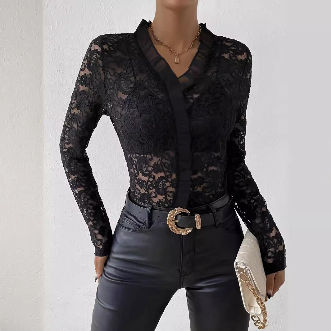 European And American Elegant Ruffled Single Layer Paisley Lace T-shirt