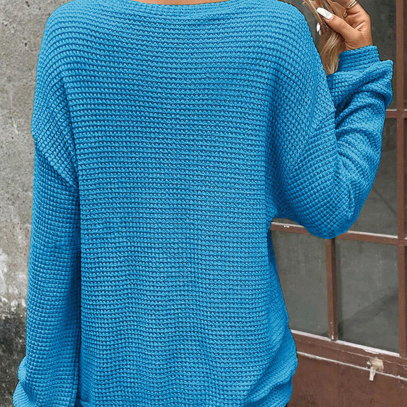 Plus Size Women's Waffle Knit Round Neck Drop Shoulder Long Sleeve Top - Casual Loungewear