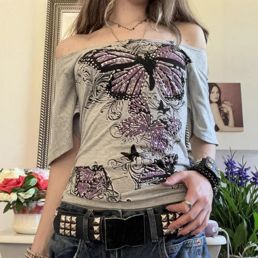 American Street Niche Design Retro Floral-print Off-shoulder Short Sleeve