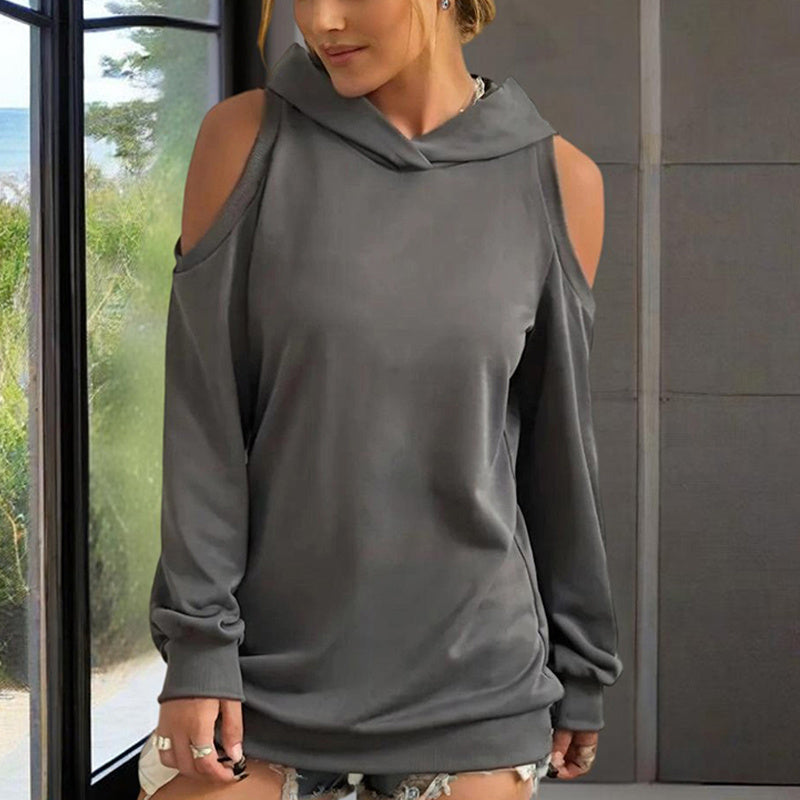 Women's Solid Color Long Sleeve Off-Shoulder Hoodie - Spring & Summer Fashion Casual Pullover Top