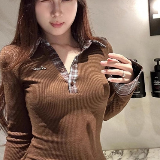 Polo Collar Long Sleeve Design Slim Fit Hot Girl Bottoming Shirt