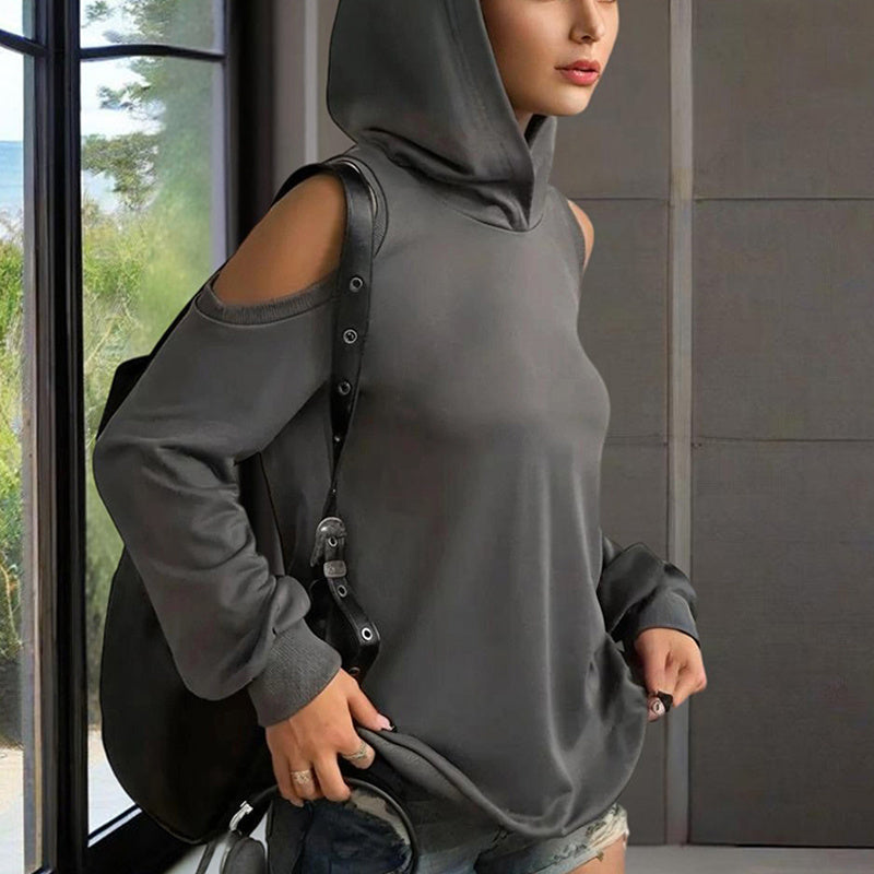 Women's Solid Color Long Sleeve Off-Shoulder Hoodie - Spring & Summer Fashion Casual Pullover Top