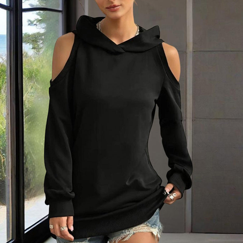 Women's Solid Color Long Sleeve Off-Shoulder Hoodie - Spring & Summer Fashion Casual Pullover Top